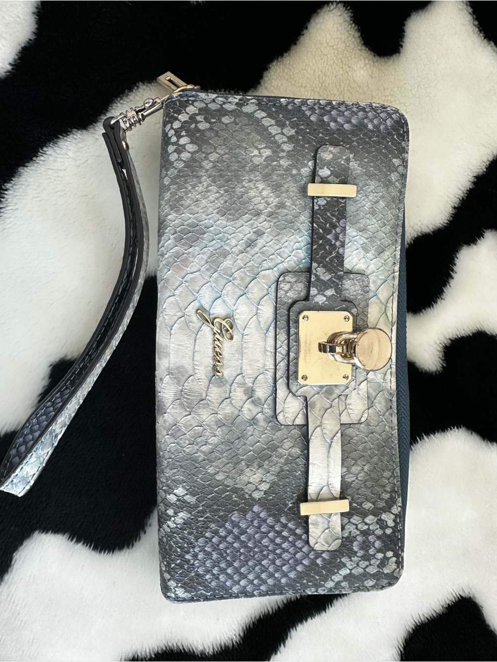Guess Blue-Gray Python-Texture Wristlet Clutch with Gold Hardware